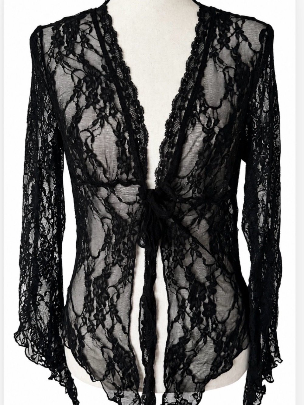 Whimsy Goth Sheer Black Lace Flare Sleeve Tie Front Top L Blouse Festival Boho